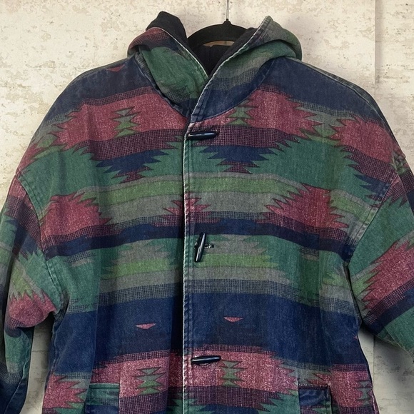 Vintage Southwestern Aztec Pattern Reverible Mens Hooded Wool Coat Jacket Large - Picture 2 of 16